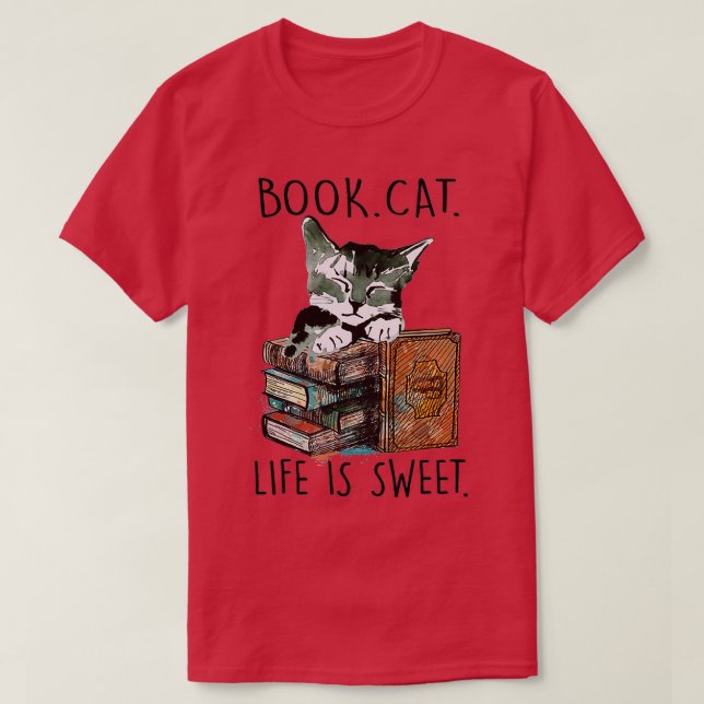 Camiseta Livros Gatos A Vida É Pecado Com Livro De Gatos E  (Frente do Design)