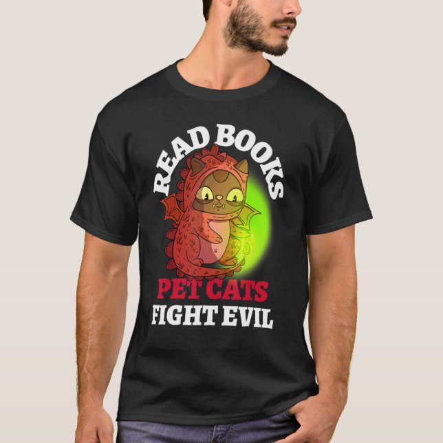 Camiseta Livros Gatos Combatem Leitura de Dragão Mágico com (Frente)