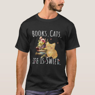 Camiseta Livros Gatos Vida É Doce Gato Amantes De Livros Le