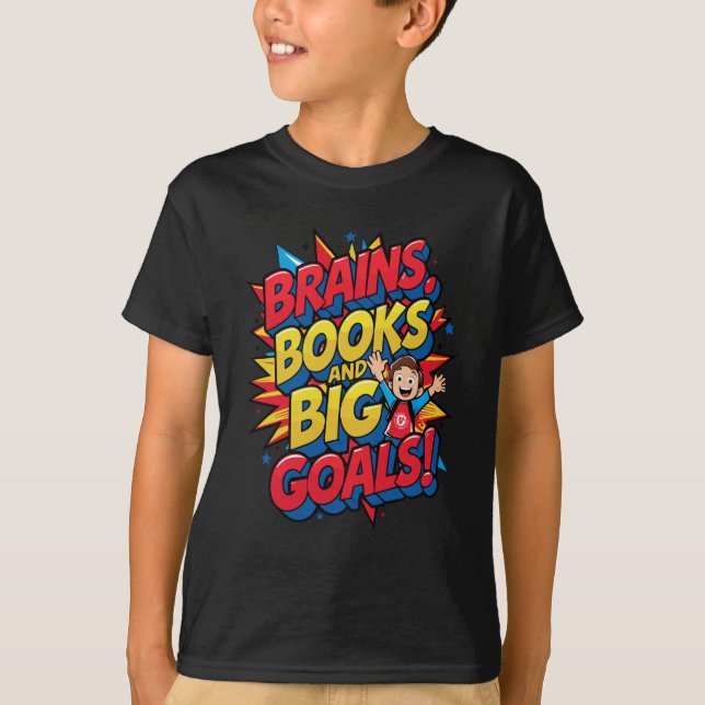 Camiseta Livros sobre cérebros e grandes metas - Diversão d (Frente)