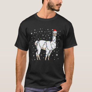 Camiseta Llama Chapéu de Papai Noel Envolvido em Luzes de N