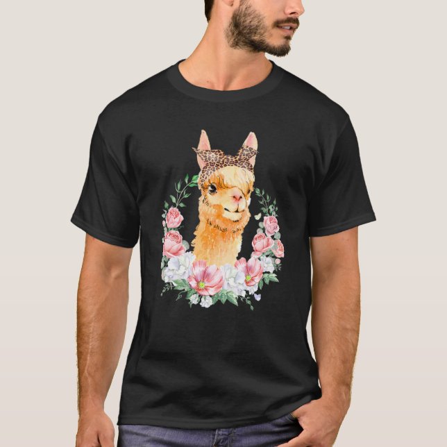Camiseta Llama Com Banda-Cabeça Leopardo Flor Cute Llama (Frente)