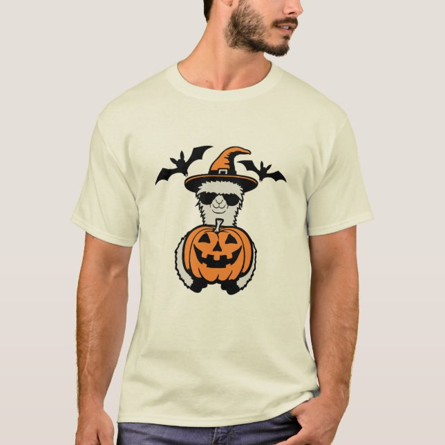 Camiseta Llama Cool Halloween Pumpkin Sunglasses Witch Hat (Frente)