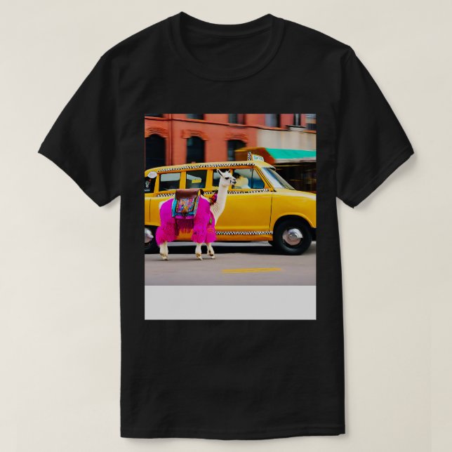 Camiseta Llama correndo em Taxi Happy Llama (Frente do Design)