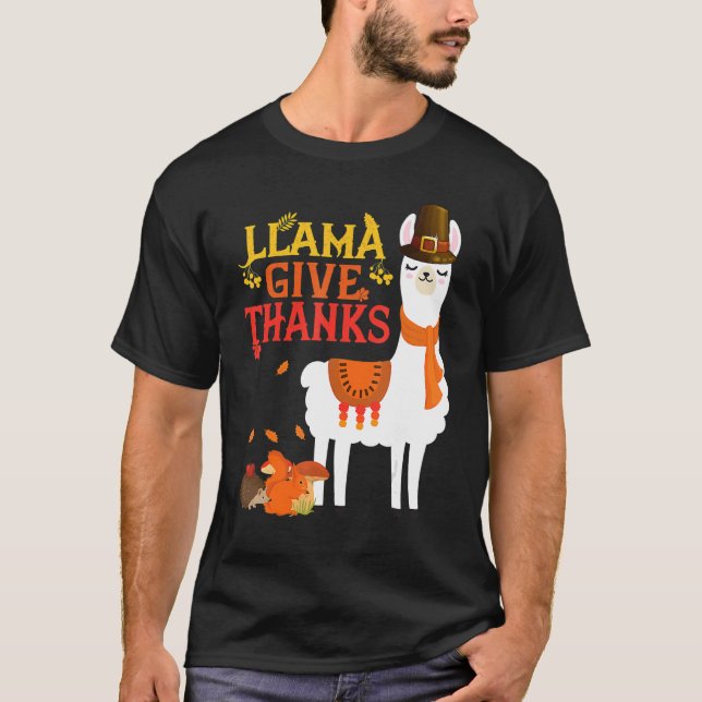 Camiseta Llama dá Obrigados Llama Pilgrim Ação de Graças Au (Frente)