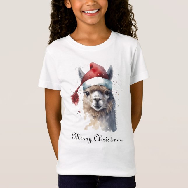 Camiseta Llama de Natal com Chapéu de Papai Noel e Texto Pe (Frente)