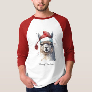 Camiseta Llama de Natal com Chapéu de Papai Noel em Aquarel