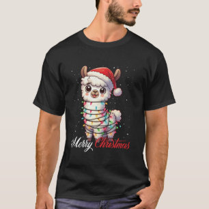 Camiseta Llama Felry Christmas Lights Santa Hat Xmas Snow