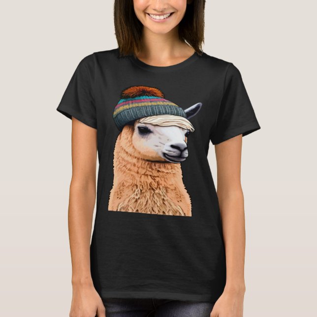 Camiseta Llama Hipster com Beanie Humor Pop (Frente)