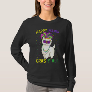 Camiseta Llama Mardi Gras Segurando Máscara E Bead Ama Mard