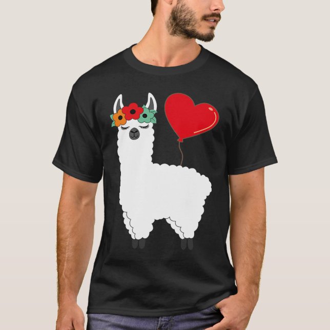 Camiseta Llama With Heart Balloon Valentines Day Love Boys (Frente)