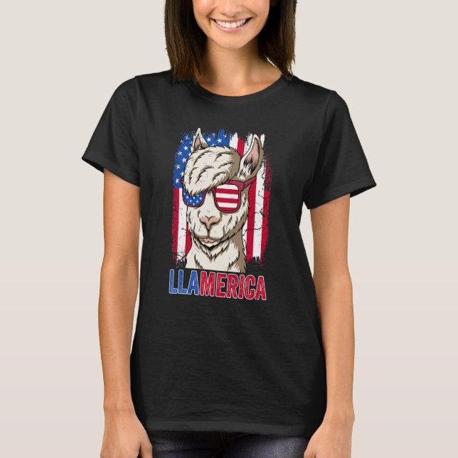 Camiseta Llamerica Llama & American Flag Sunglass 4th Of (Frente)