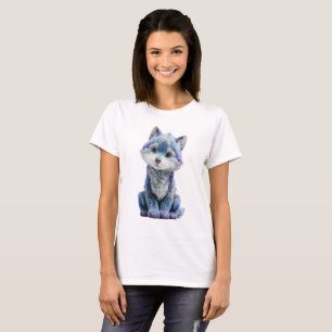 Camiseta Loba Filhote da Galáxia Azul Encantadora Ilustraçã