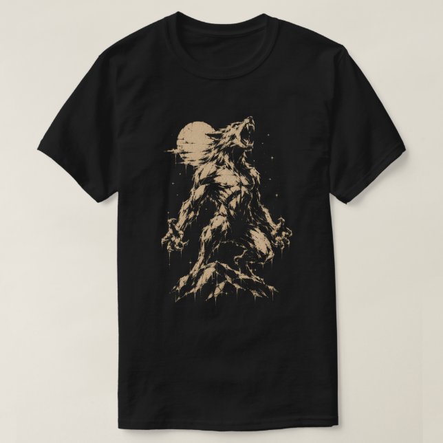 Camiseta Lobisomem Uivando para a Lua - Gráfico de Hallowee (Frente do Design)