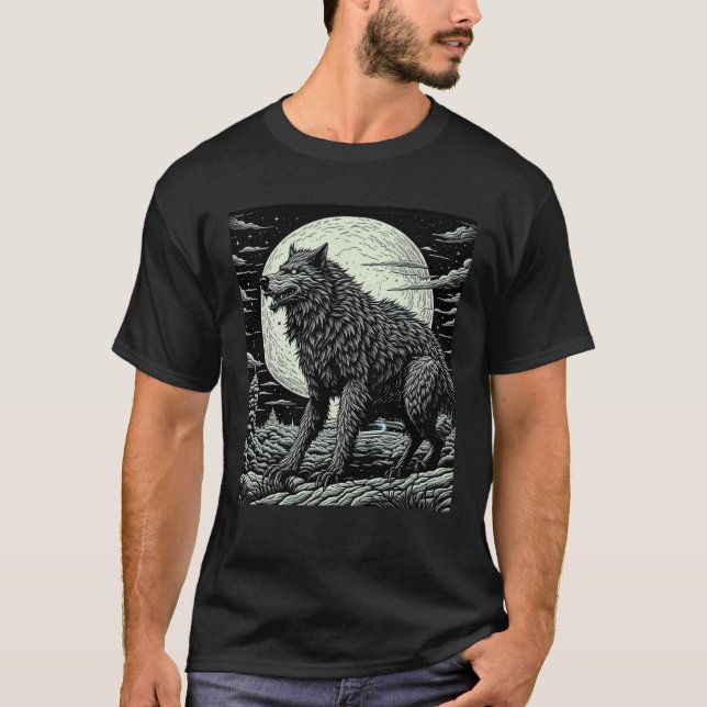 Camiseta Lobisomem vintage na frente da lua cheia (Frente)