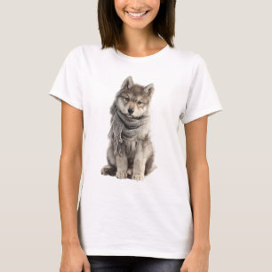 Camiseta Lobo Adorável com Cachecol Cinza de Inverno