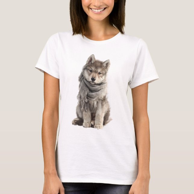 Camiseta Lobo Adorável com Cachecol Cinza de Inverno (Frente)