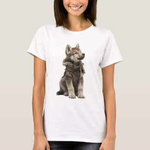 Camiseta Lobo Adorável em Colete e Cachecol de Inverno Rúst
