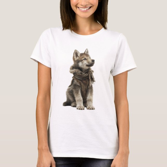 Camiseta Lobo Adorável em Colete e Cachecol de Inverno Rúst (Frente)