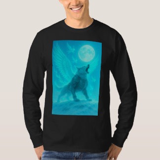 Camiseta Lobo Alado Místico Uivando para a Lua