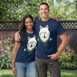 Camiseta Lobo Ártico Branco Místico Flor de Neve de Inverno