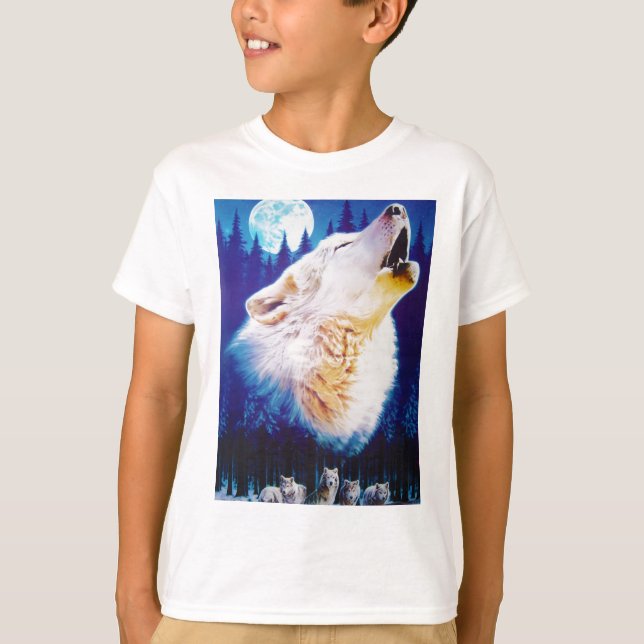 Camiseta Lobo branco que urra na lua azul completa (Frente)