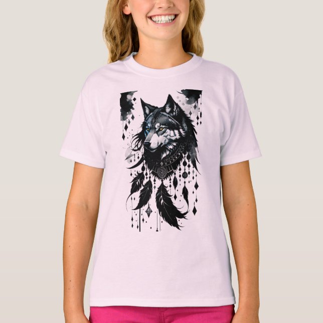 Camiseta lobo, caçador de sonhos, amuleto, talismã (Frente)
