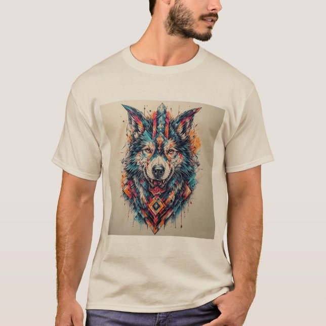 Camiseta Lobo com Elementos Geométricos e Cores Vibrantes (Frente)