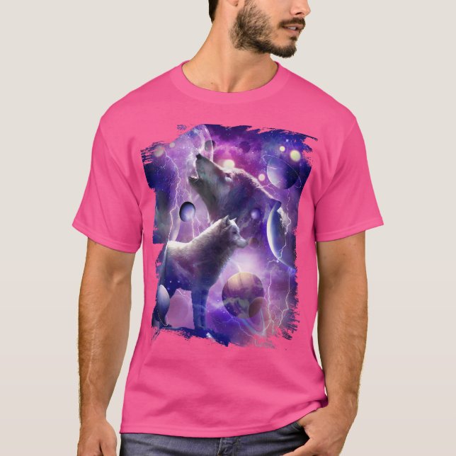 Camiseta Lobo Cósmico A Uivar Na Lua No Espaço (Frente)