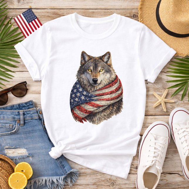 Camiseta Lobo da Bandeira Americana (Criador carregado)