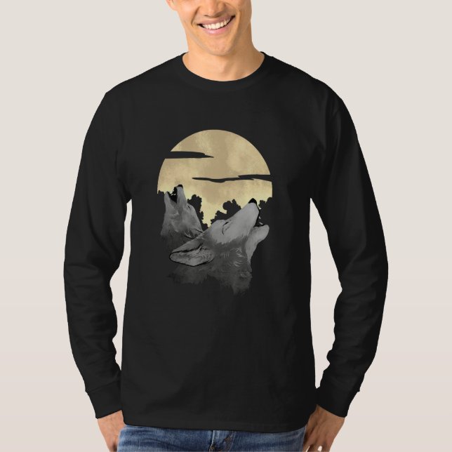 Camiseta Lobo da Lua Cheia Lobos Uivando Floresta Névoa Caç (Frente)