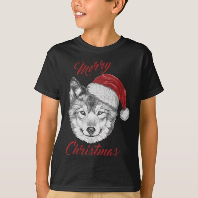 Camiseta Lobo de Natal engraçado com Papai Noel (Frente)