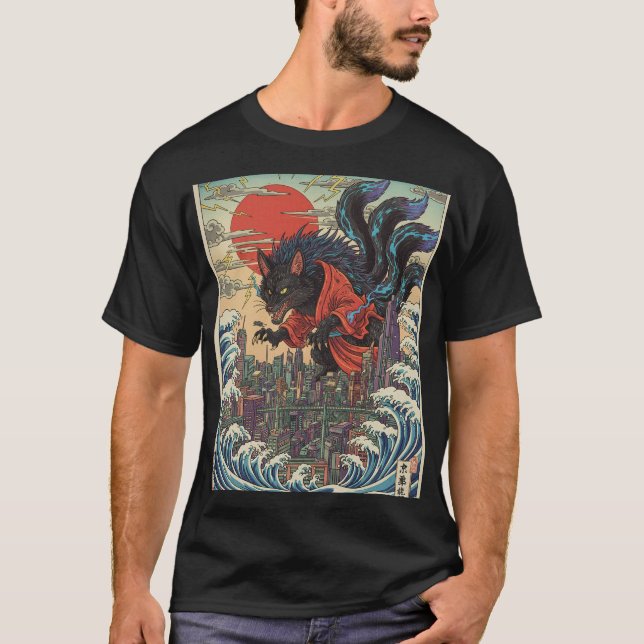 Camiseta Lobo Desgarrado Sobre o Pôr do Sol Neon de Tóquio (Frente)
