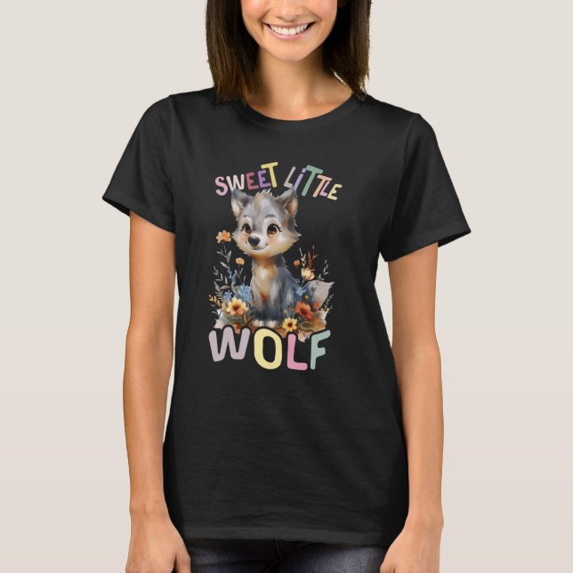 Camiseta lobo-doce com lobos-giros-flores (Frente)