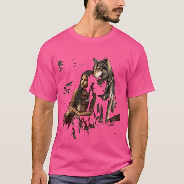 Camiseta Lobo e Indígenas de moça indiana Índia (Frente)
