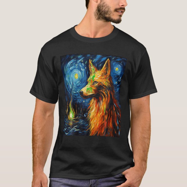 Camiseta Lobo Engraçado pintando cão Lover Starry Night Wol (Frente)