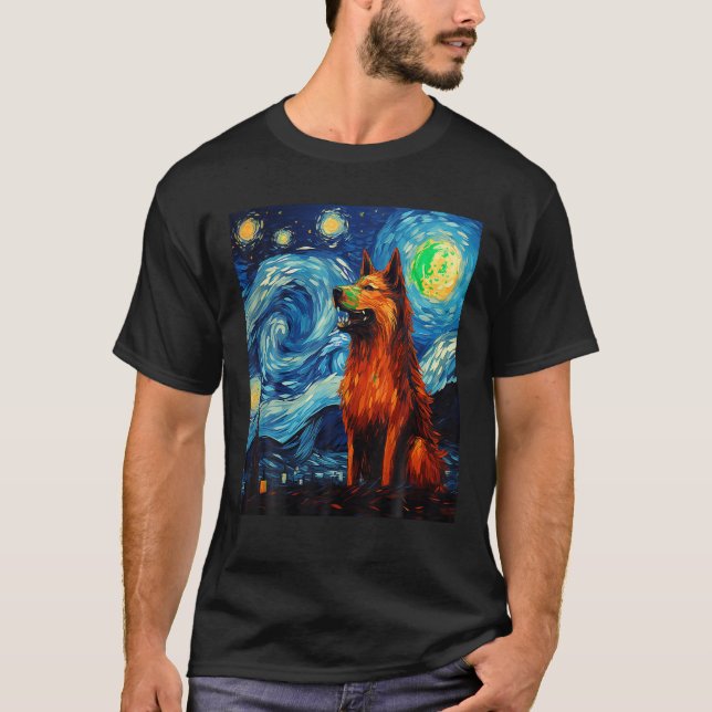 Camiseta Lobo Engraçado pintando cão Lover Starry Night Wol (Frente)
