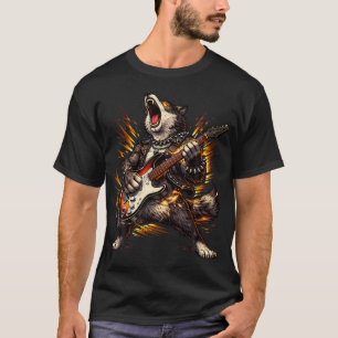 Camiseta Lobo Engraçado Tocando Guitarra Rock And Roll Para
