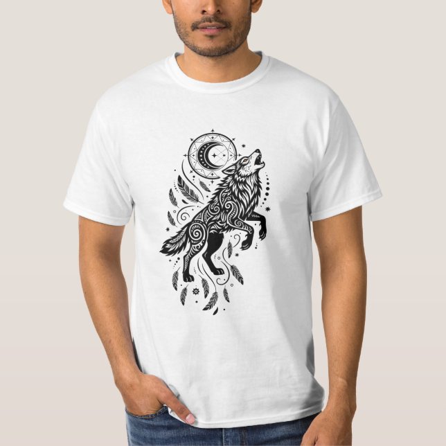 Camiseta Lobo Espírito Lunar Lua e Penas (Frente)