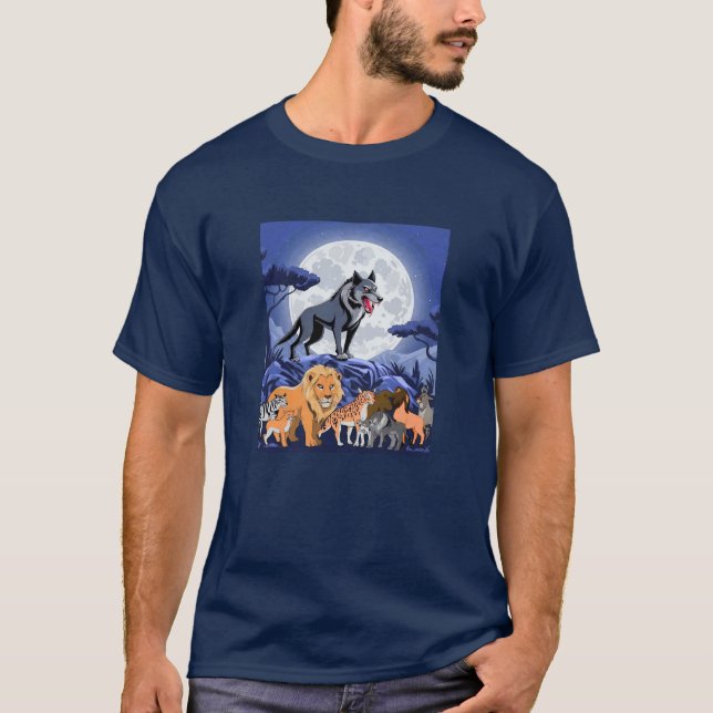 Camiseta Lobo feroz sob lua cheia com animais selvagens - (Frente)
