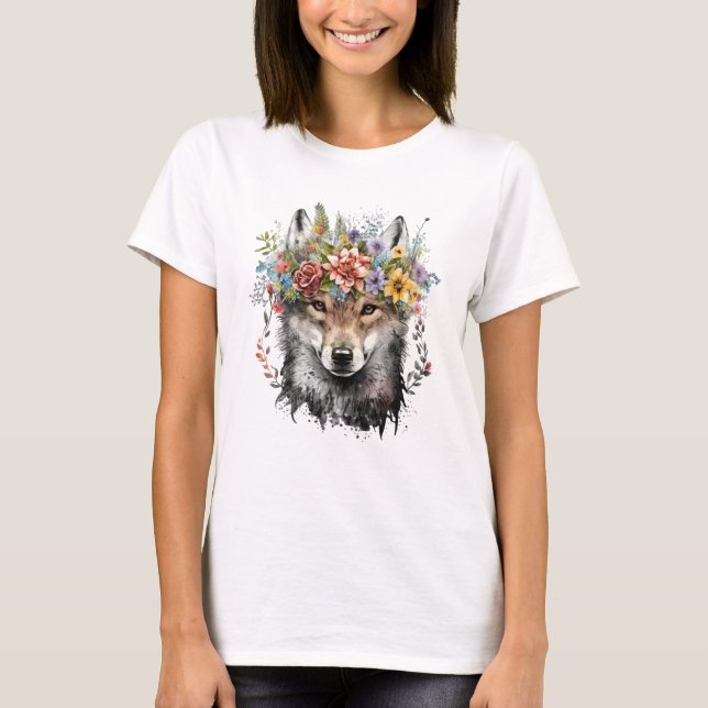 Camiseta Lobo Floral de Watercolor (Frente)