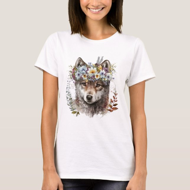Camiseta Lobo Floral de Watercolor (Frente)