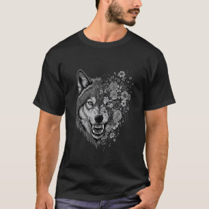Camiseta Lobo Floral Vintage Flores Rosto de Lobo para Aman