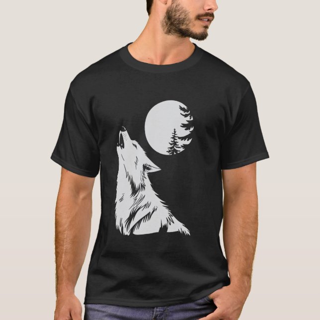 Camiseta Lobo Gráfico Uivando Floresta da Lua Natureza Anim (Frente)