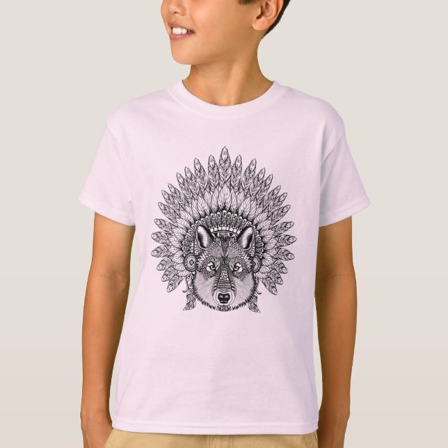 Camiseta Lobo inspirado na capota emplumada da guerra (Frente)