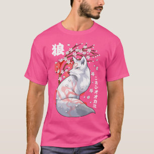 Camiseta Lobo Japonês Floral Art Otaku Cherry Blosso