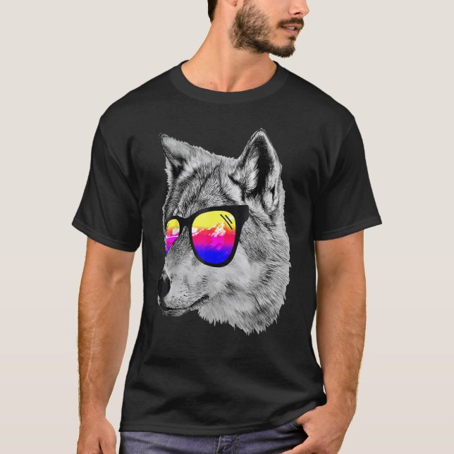 Camiseta Lobo legal Veste arco-íris Óculos solares Animais  (Frente)