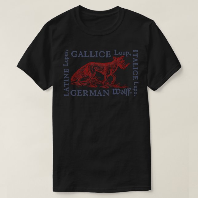 Camiseta Lobo Medieval com Traduções desde 1560 (Frente do Design)