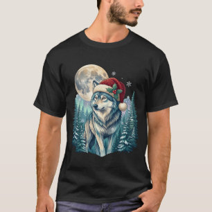 Camiseta Lobo Natal Chapéu de Papai Noel Floresta de Pinhei