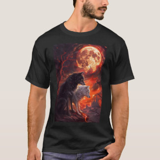 Camiseta Lobo Negro e Lobo Branco no Reino da Lua Vermelha